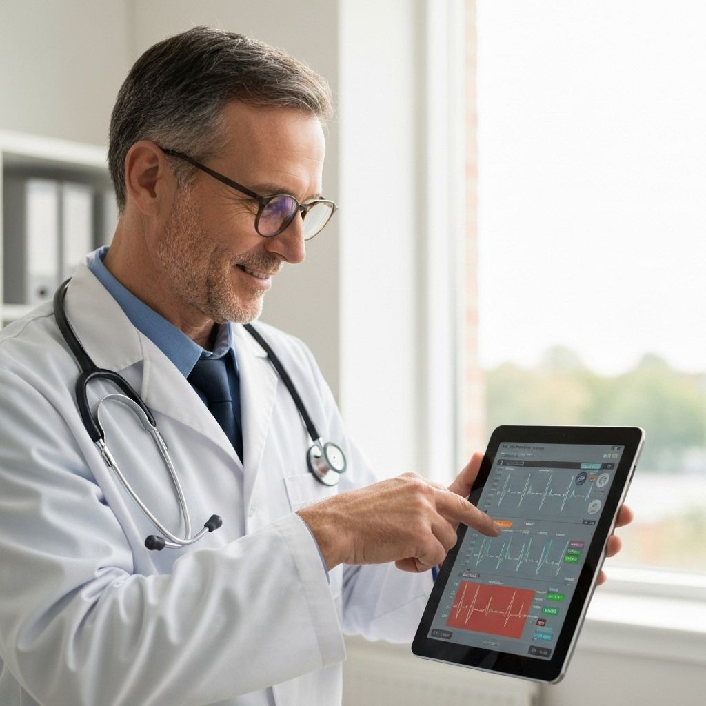 Cardiologist reviewing remote patient cardiac data