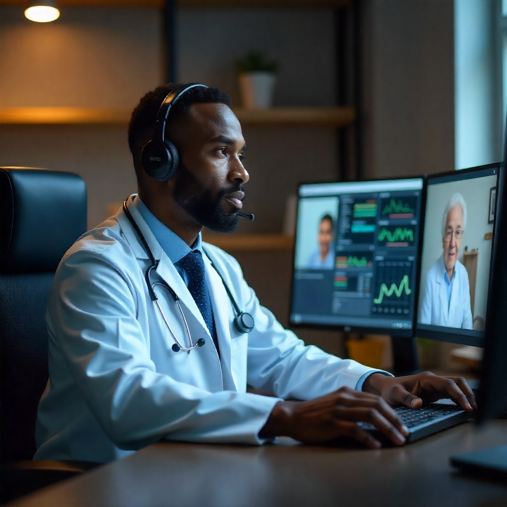 Doctor conducting virtual consultation with patient using video conferencing