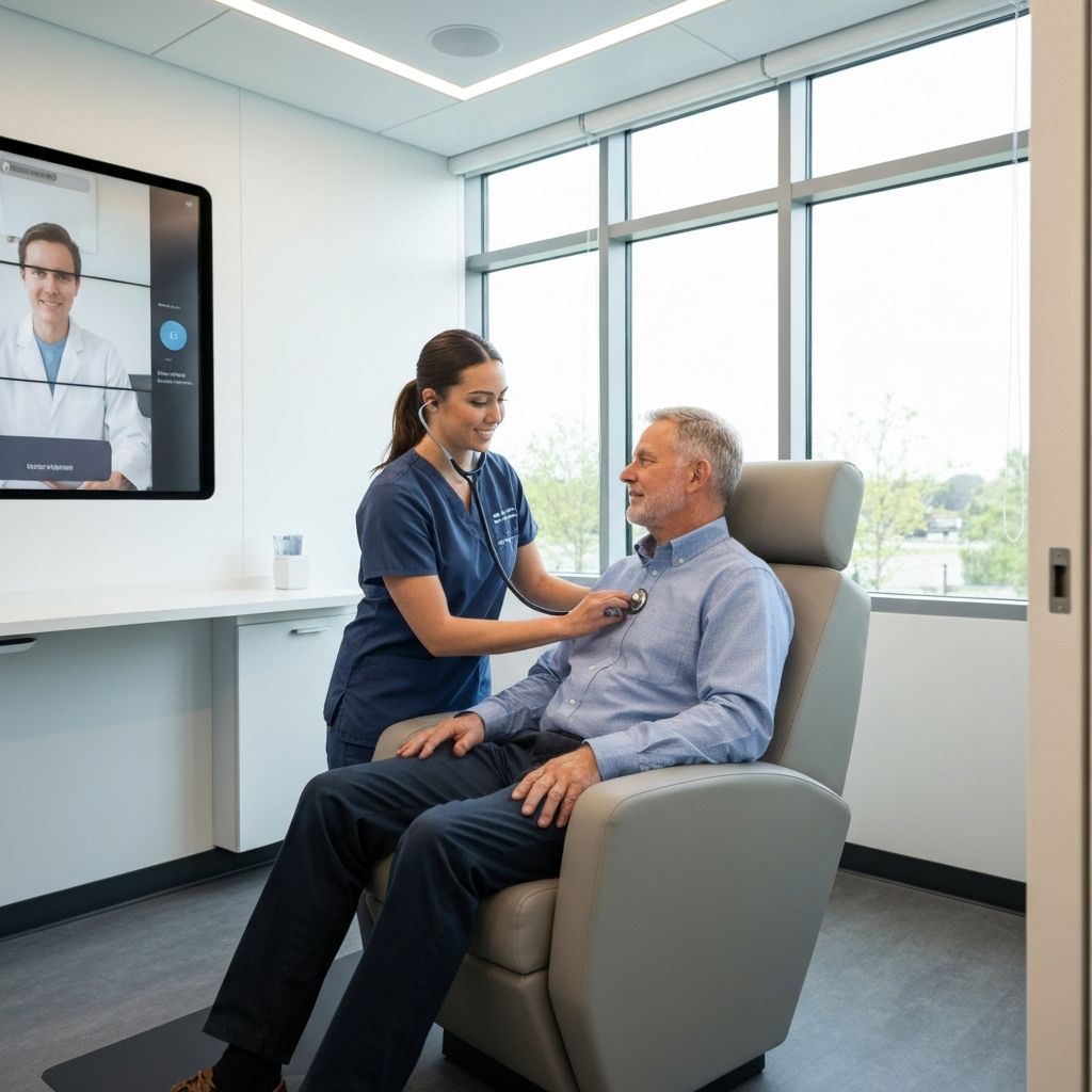 Clinical staff assisting patient with virtual specialist consultation