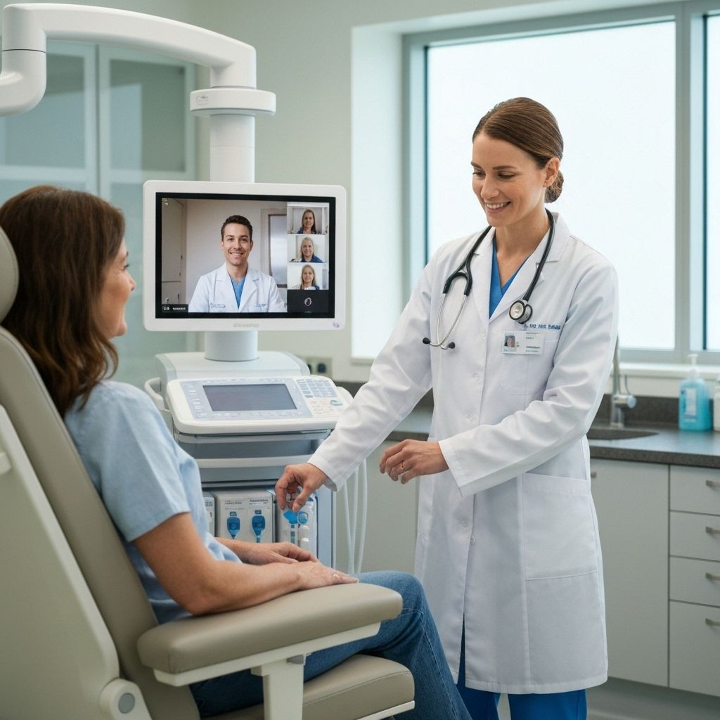 Care Anywhere - Patient in clinic with nurse using digital stethoscope and telehealth cart