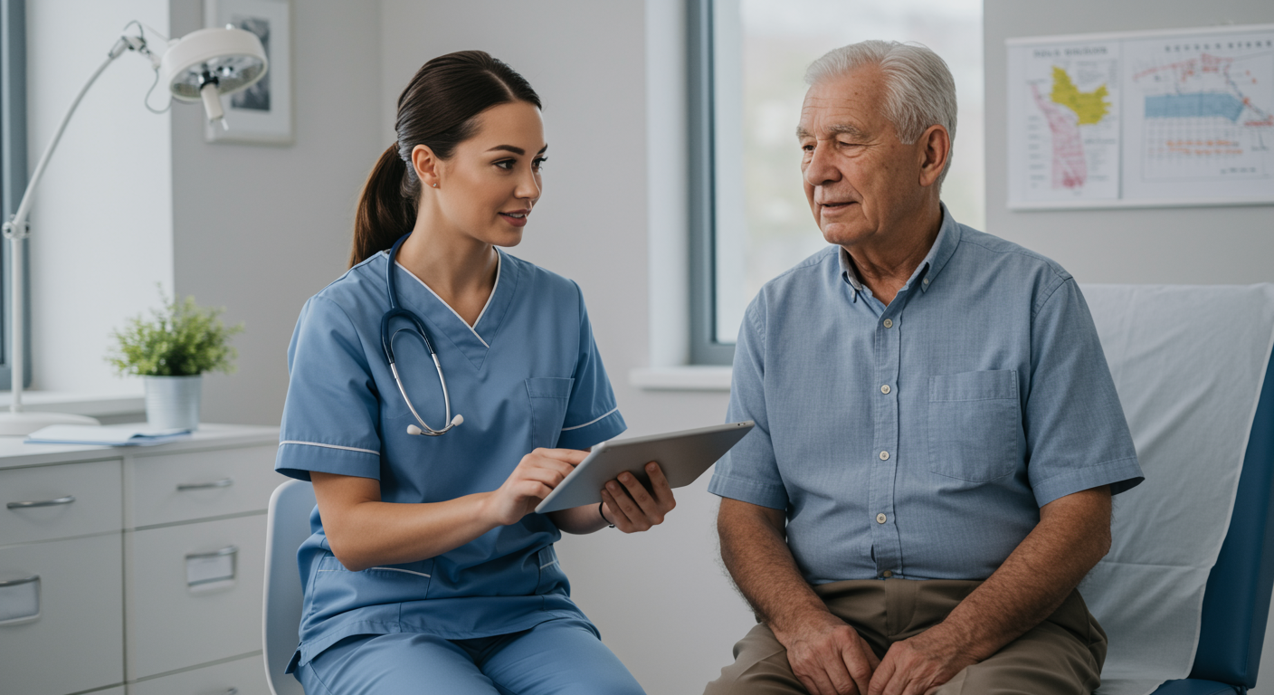 Healthcare professional consulting with patient in modern clinic setting